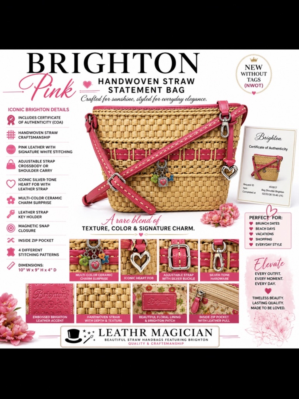 Brighton Blush Pink Straw Crossbody NWOT Silver Accent Summer Vacation Bag